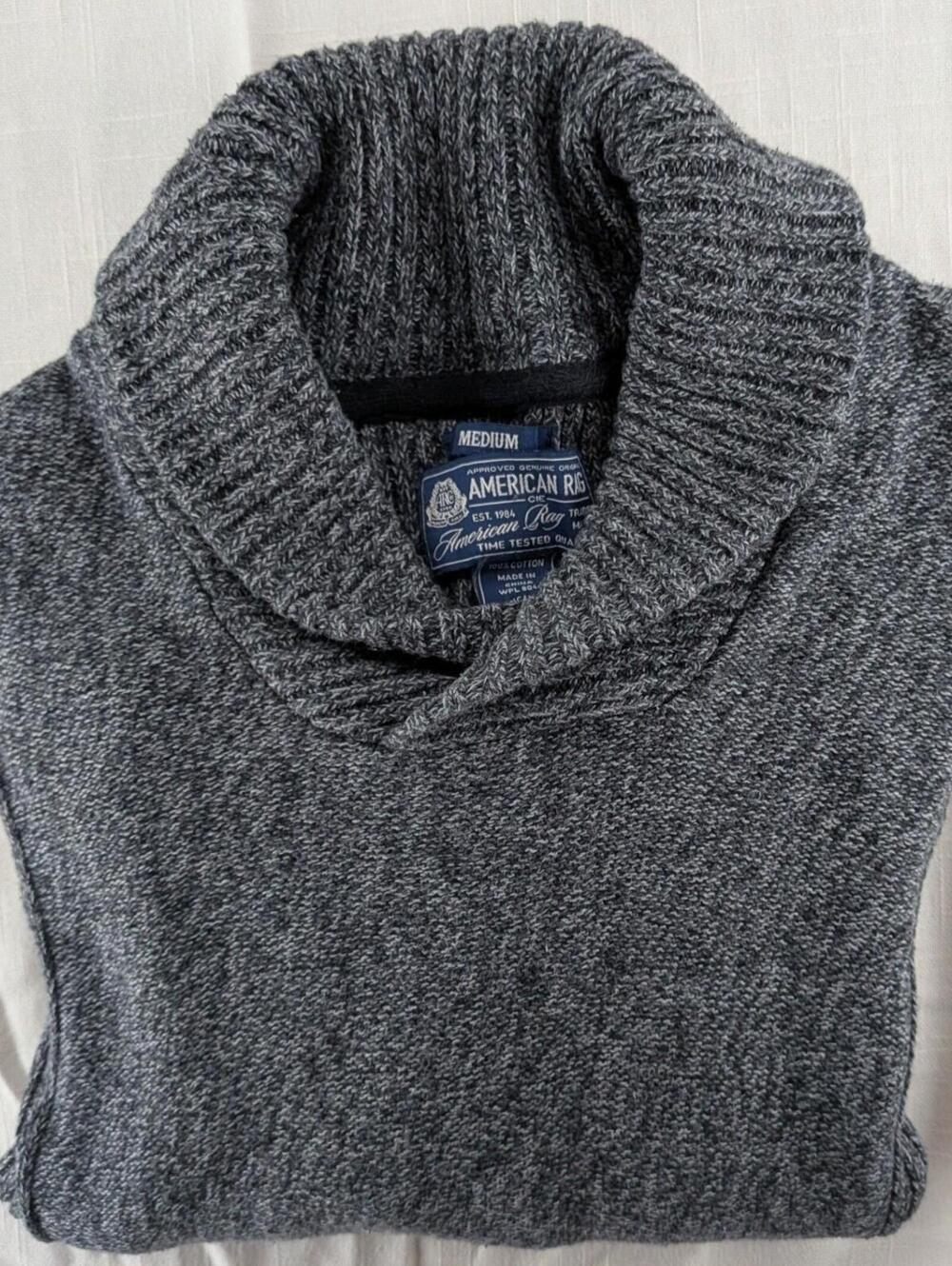 American Rag Medium Shawl Collar 100% Cotton Gray Heather Ribbed Sleeve Sweater - Picture 9 of 9